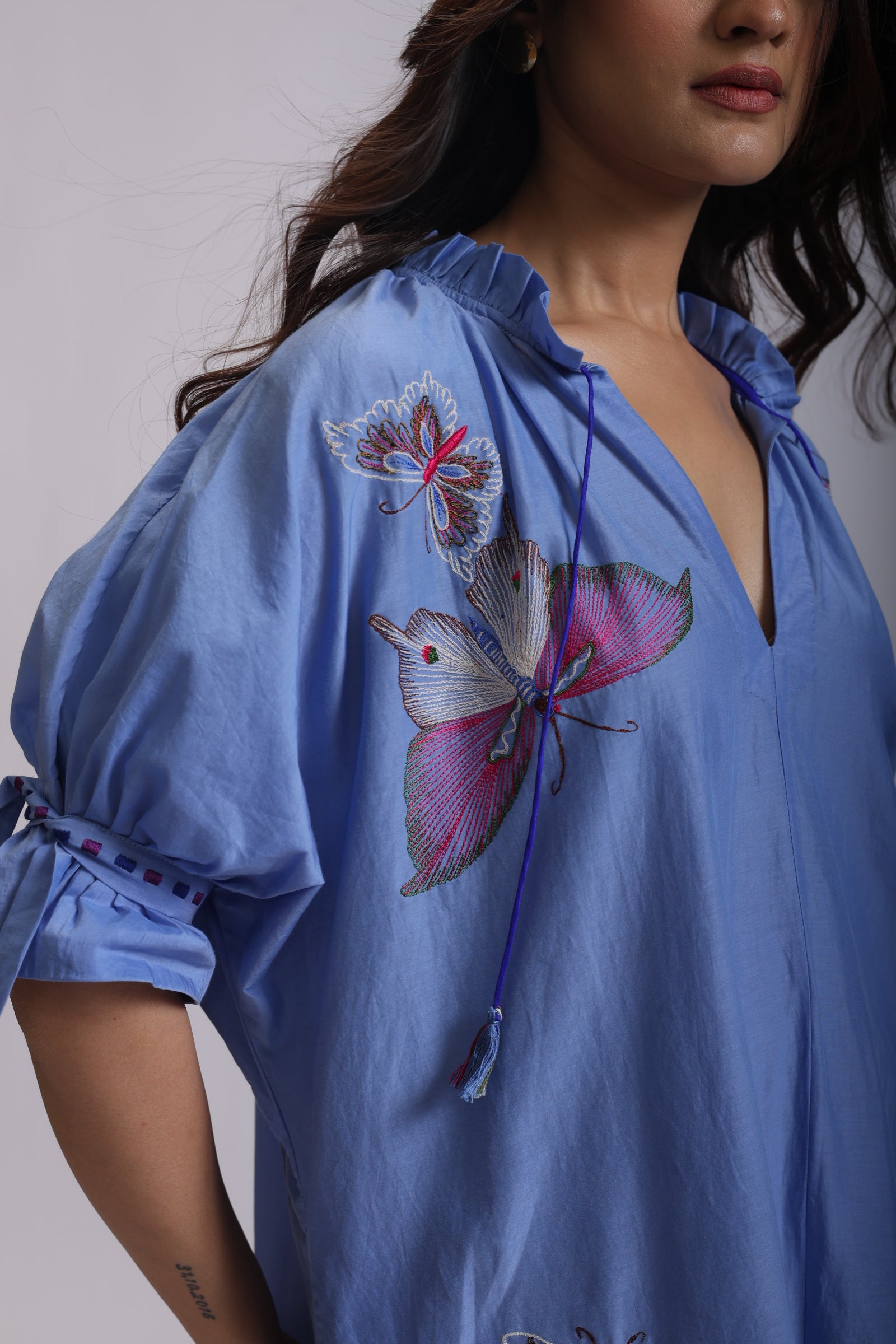 KYLIE SHIRT DRESS BIRD WING EMBROIDERY IN SILK/COTTON