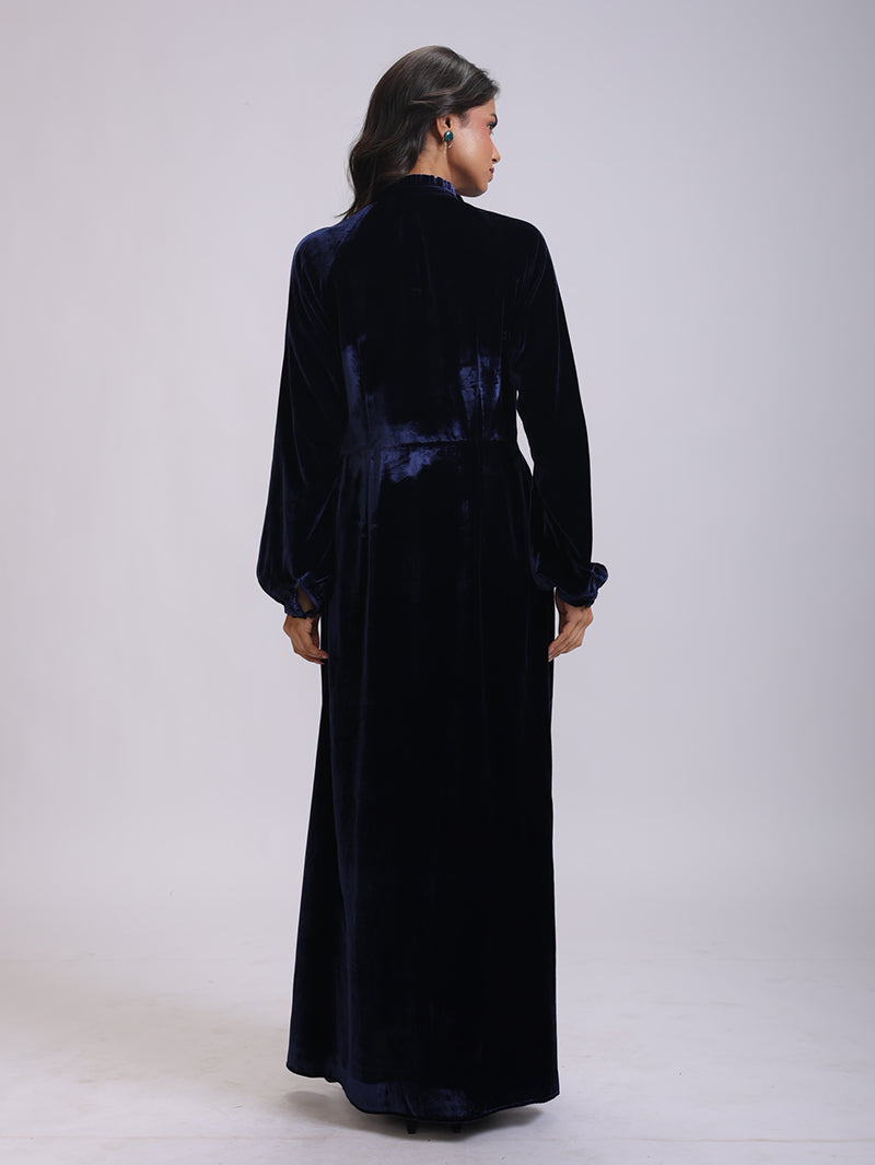 VEENA LONG DRESS IN SILK VELVET  HAND EMBROIDERERD NECKLINE