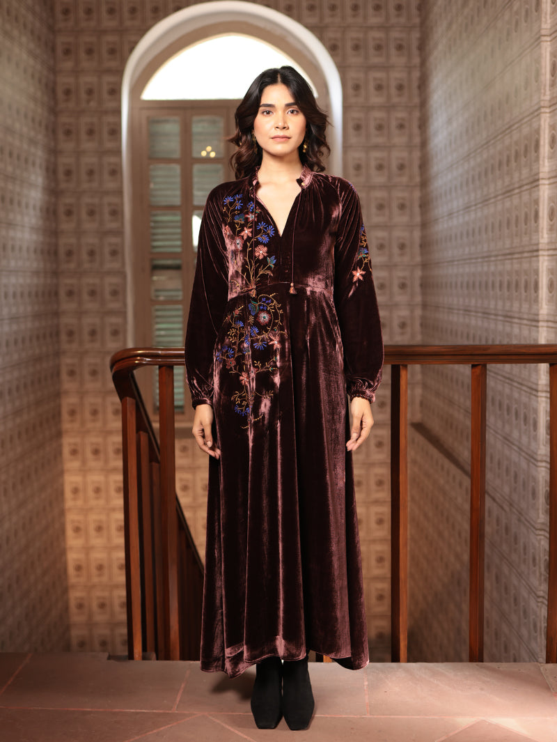 VEENA LONG DRESS WITH PARSI EMBROIDERY IN SILK VELVET