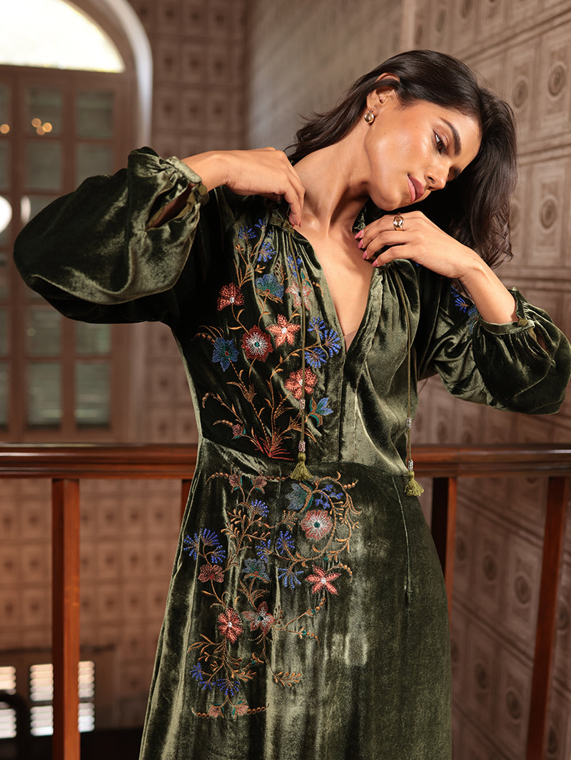 VEENA LONG DRESS WITH PARSI EMBROIDERY IN SILK VELVET