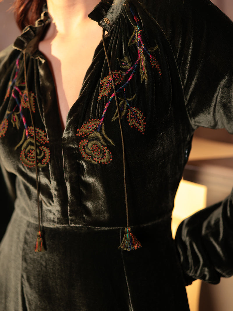 VEENA LONG DRESS IN SILK VELVET  HAND EMBROIDERERD NECKLINE