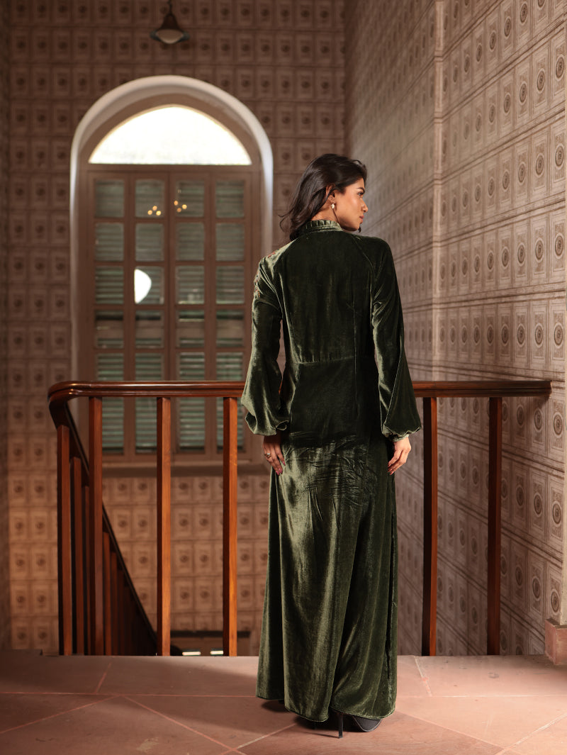 VEENA LONG DRESS WITH PARSI EMBROIDERY IN SILK VELVET