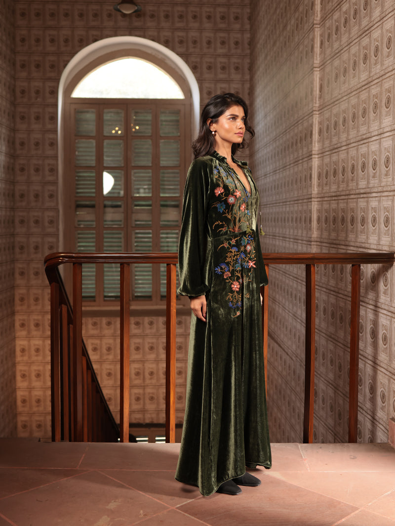 VEENA LONG DRESS WITH PARSI EMBROIDERY IN SILK VELVET