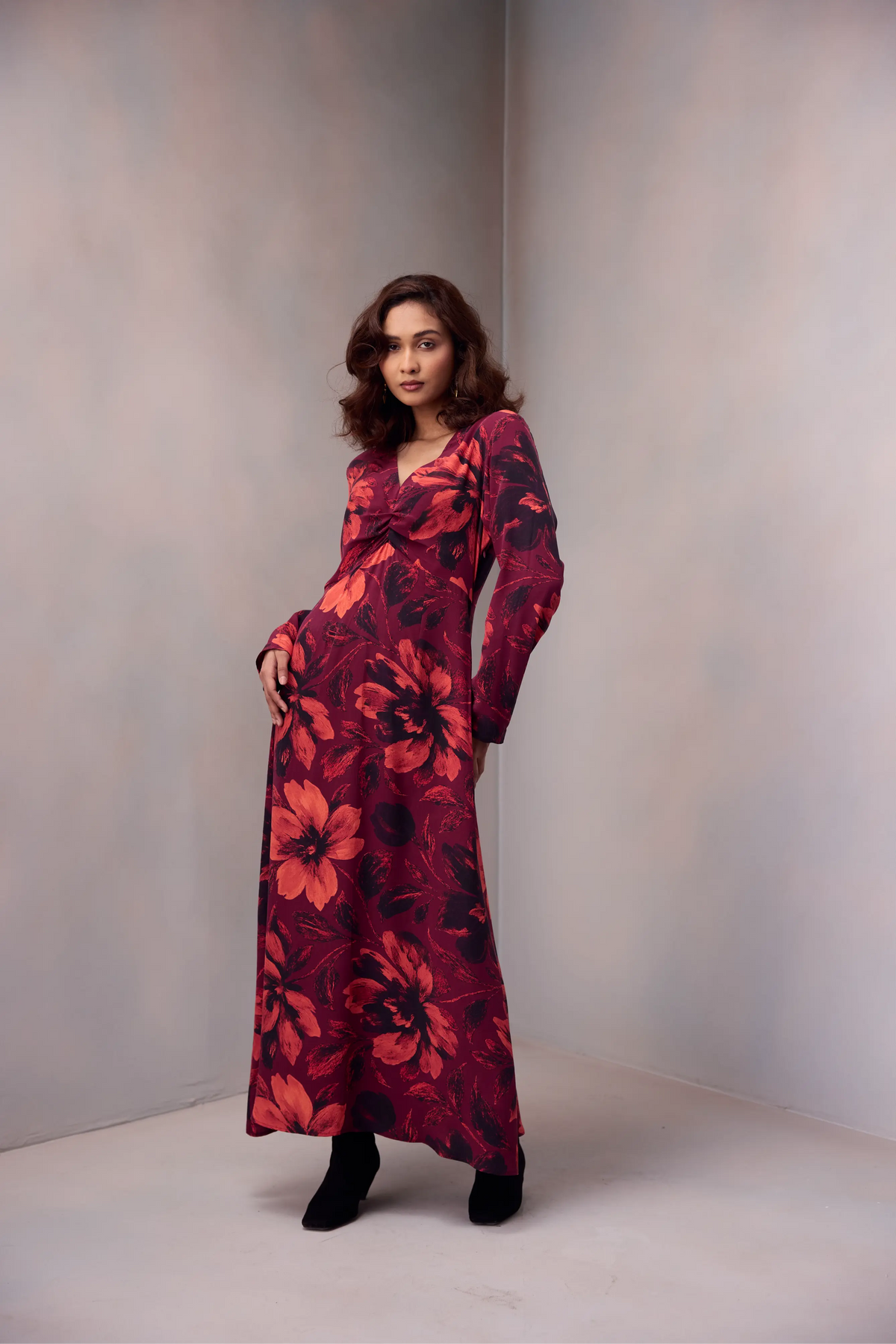 Waist Drape Dress In Printed Silk