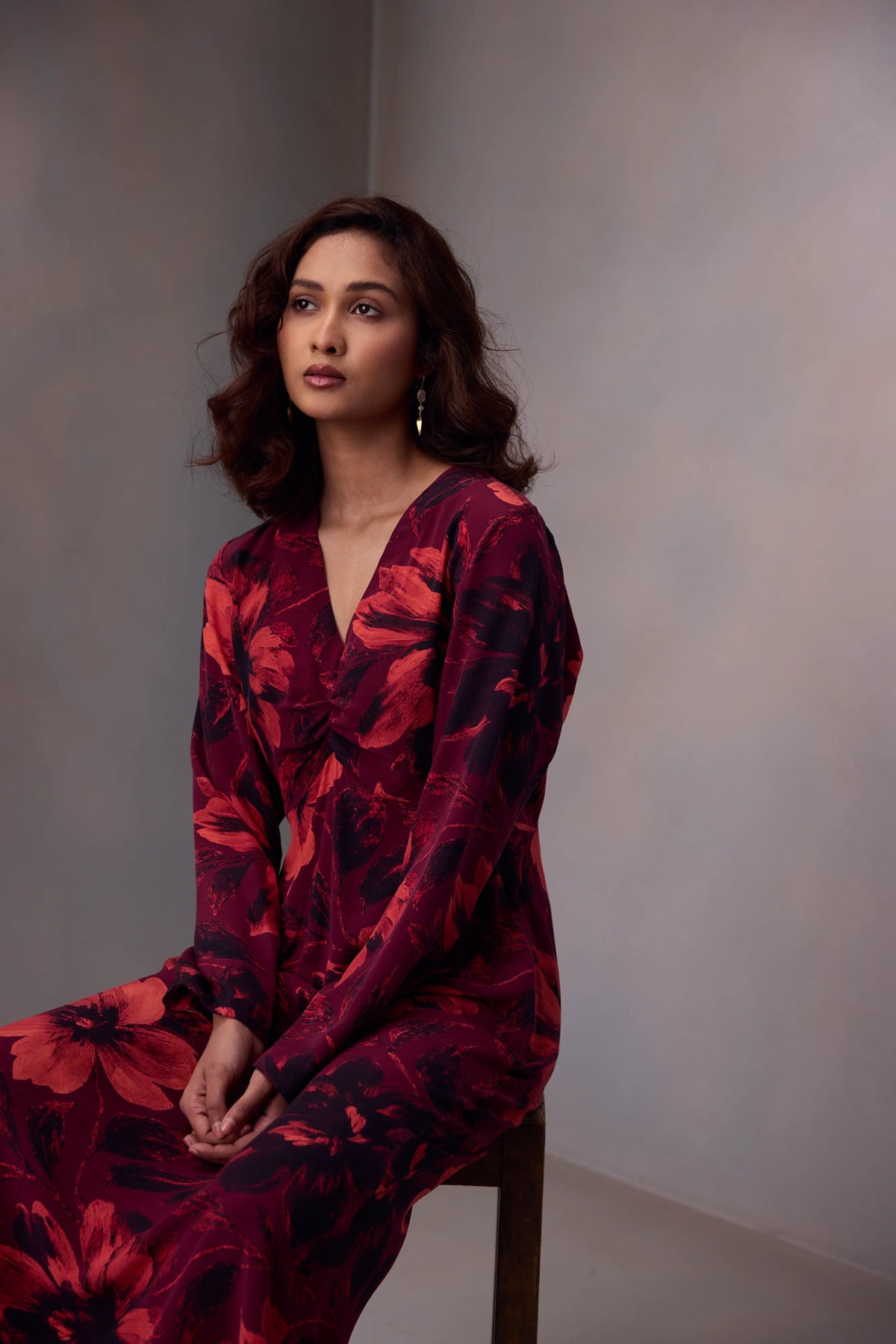 Waist Drape Dress In Printed Silk
