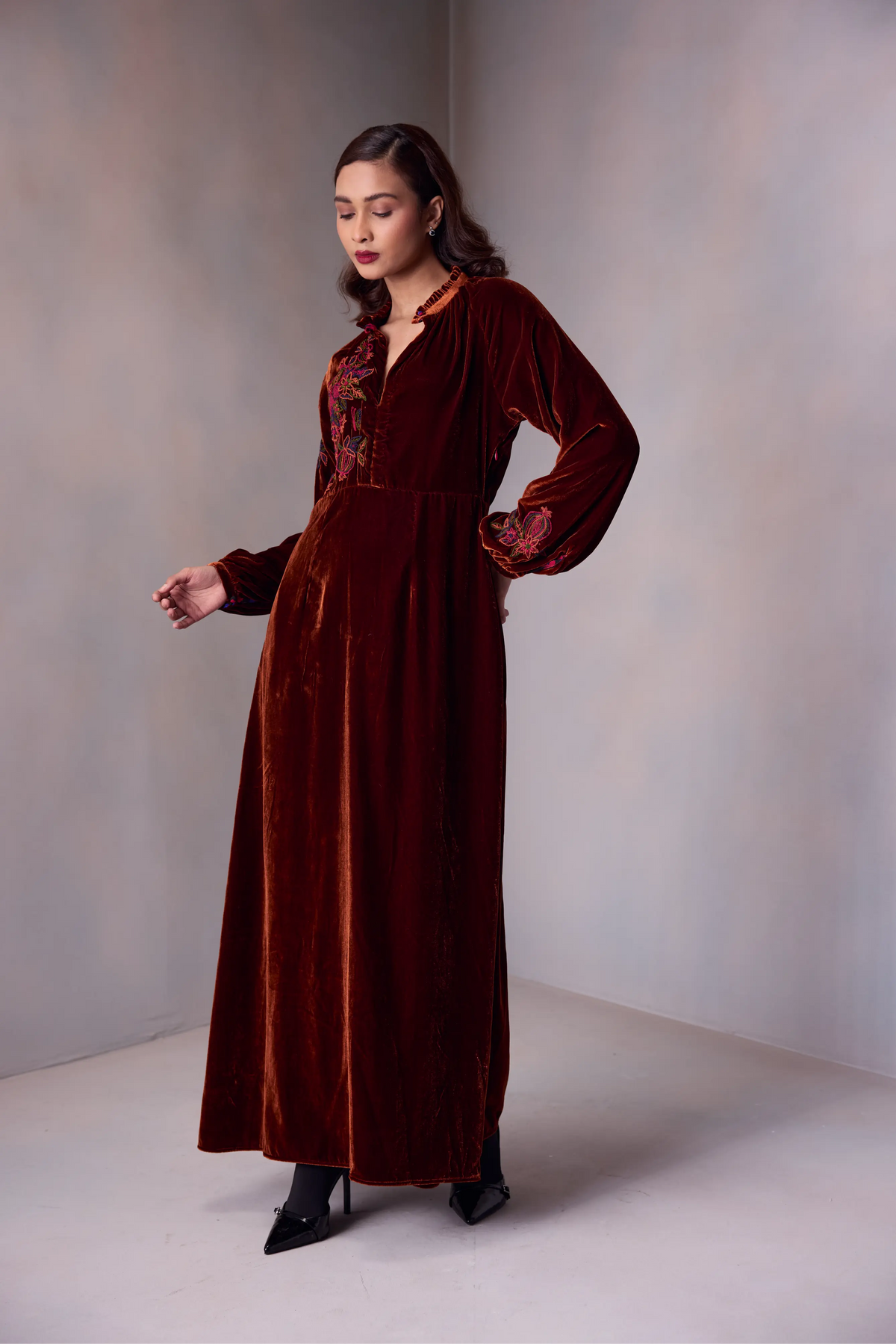 Veena Dress In Silk Velvet Pomegranate Emroidery