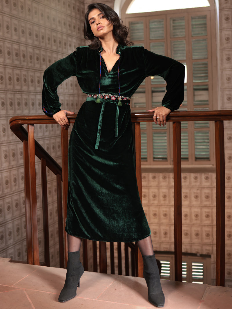 SILVIA SHIRT DRESS WITH  EMBROIDERED BELT In SILK VELVET