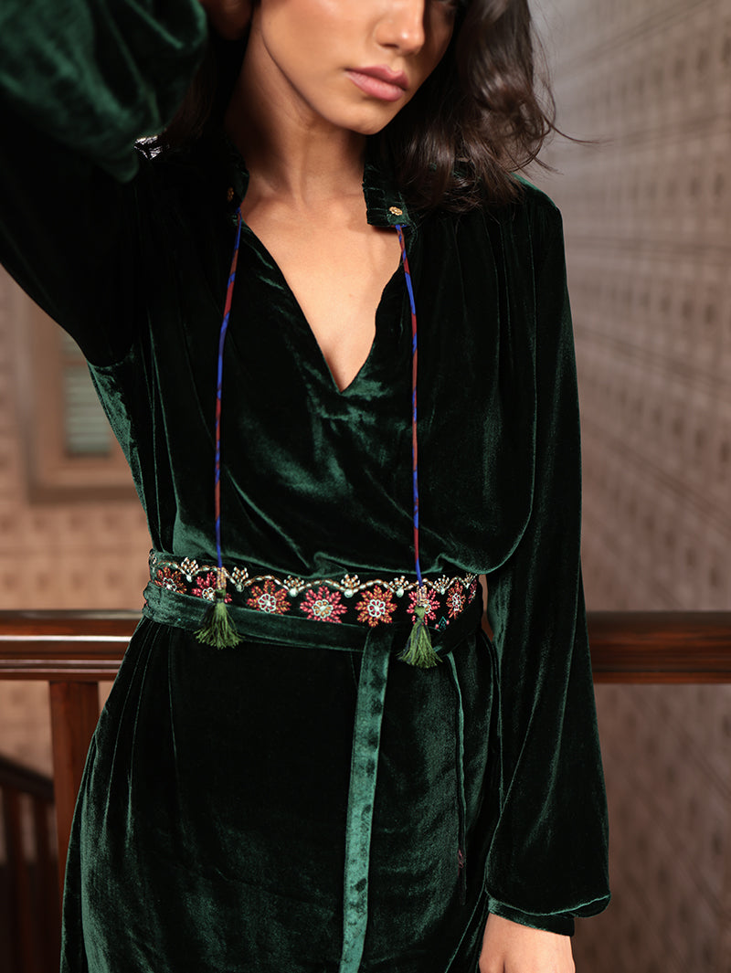 SILVIA SHIRT DRESS WITH  EMBROIDERED BELT In SILK VELVET