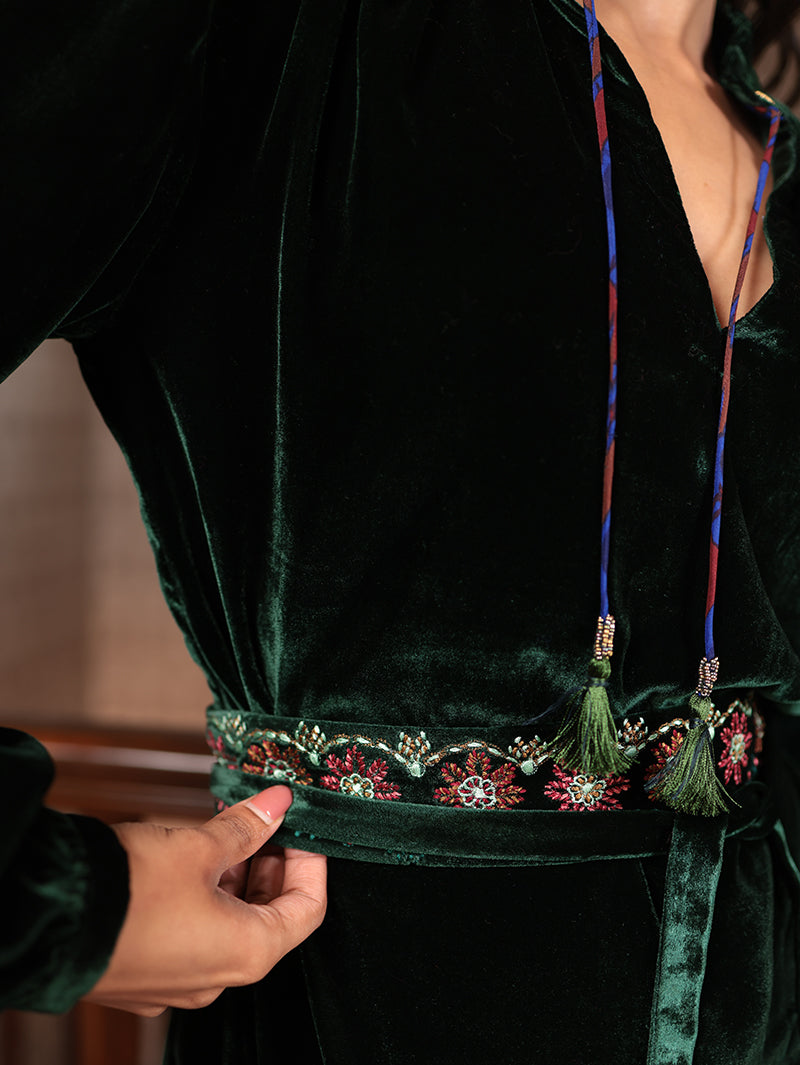 SILVIA SHIRT DRESS WITH  EMBROIDERED BELT In SILK VELVET