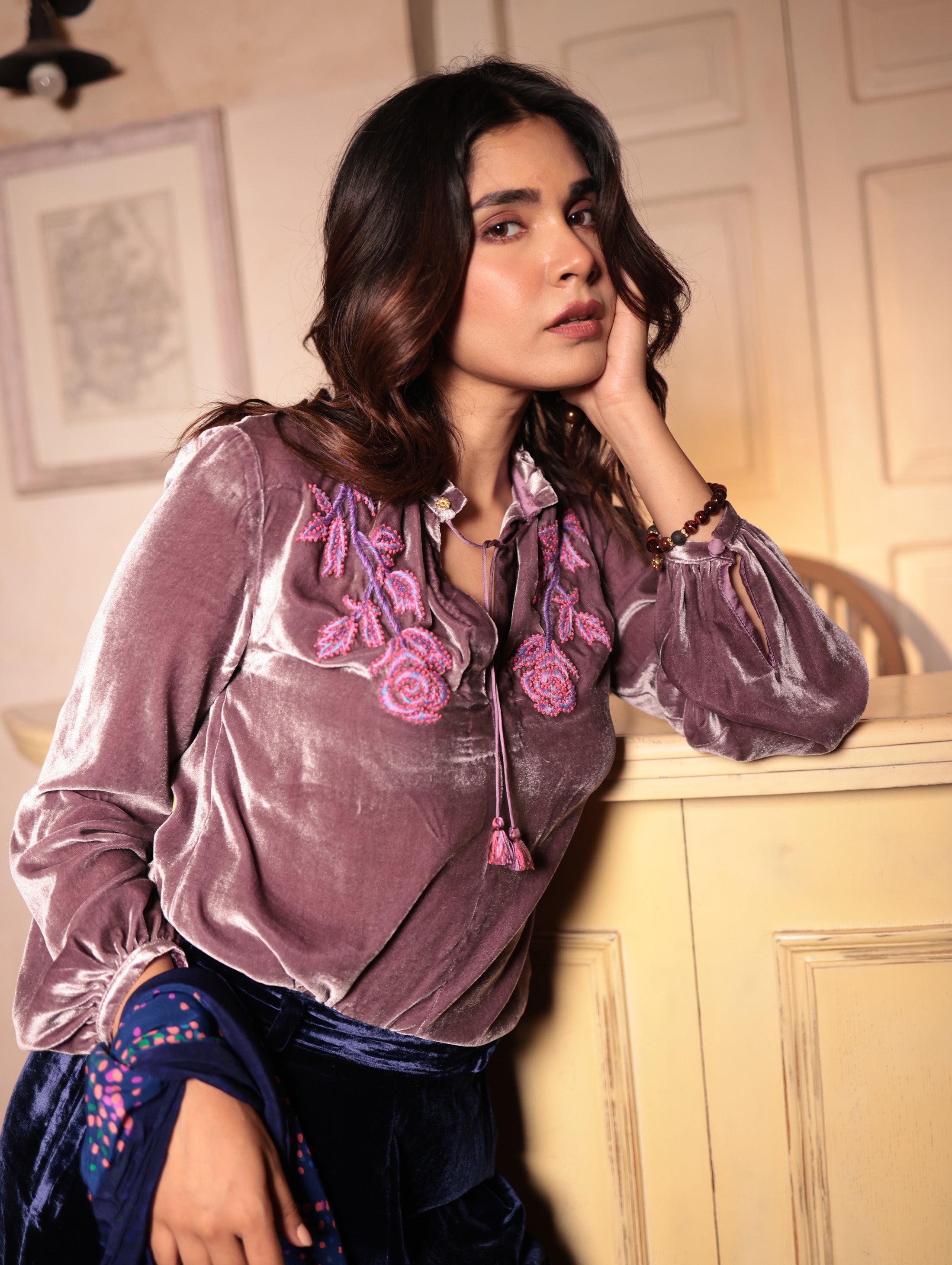 SILVIA BLOUSE WITH GLOW ROSE EMB in Silk-velvet