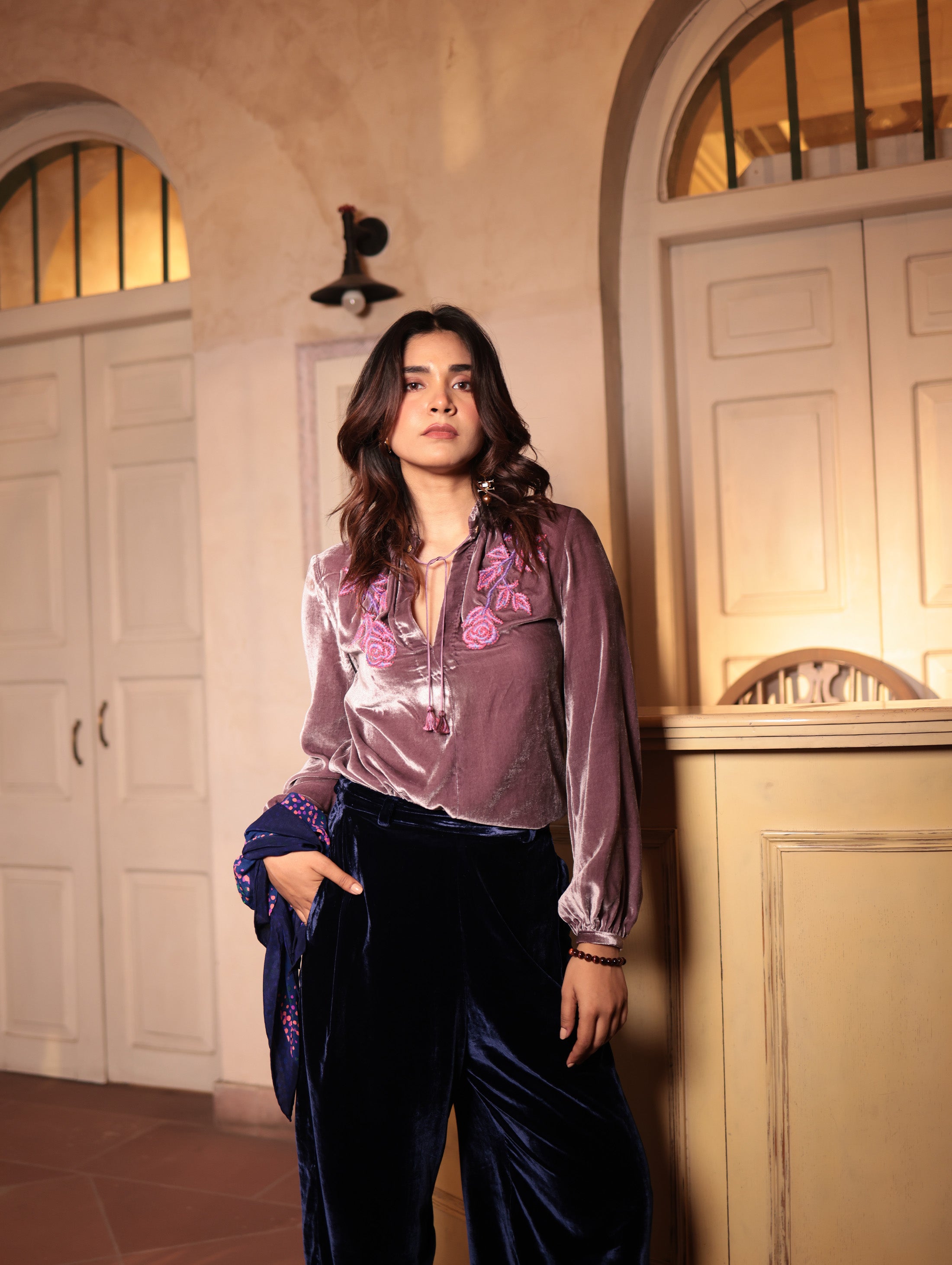 SILVIA BLOUSE WITH GLOW ROSE EMB in Silk-velvet