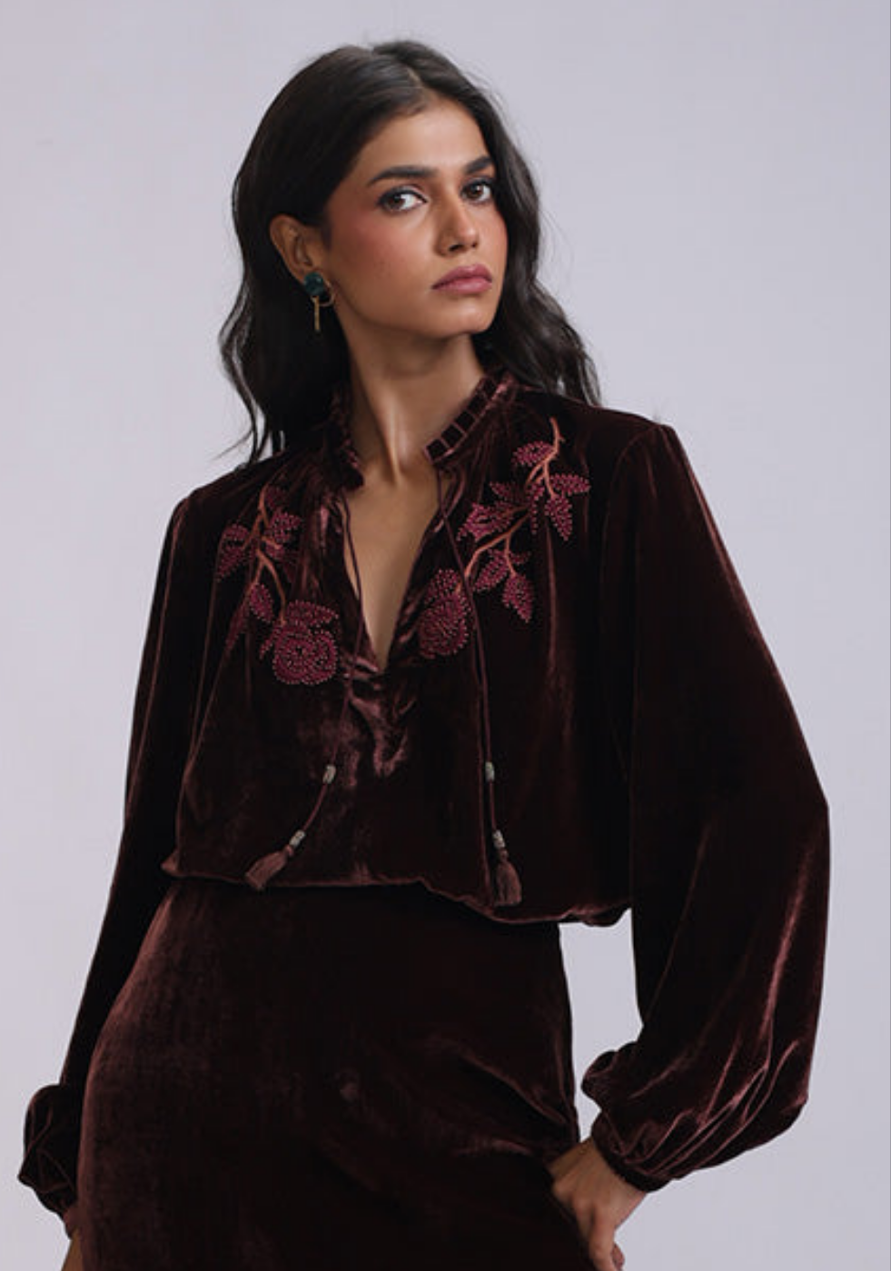 SILVIA BLOUSE WITH GLOW ROSE EMB in Silk-velvet