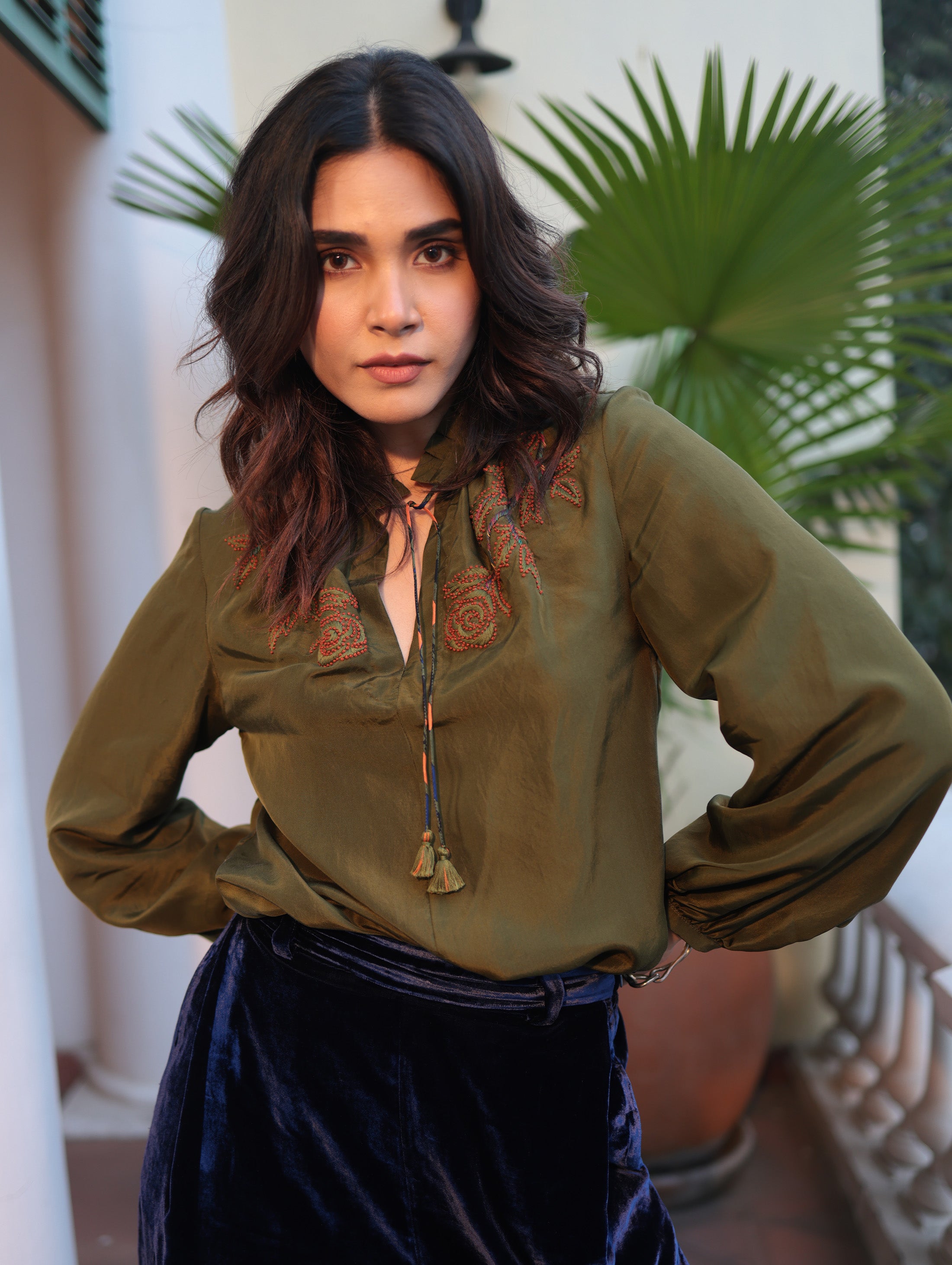 SILVIA BLOUSE WITH GLOW ROSE EMB in Silk-velvet