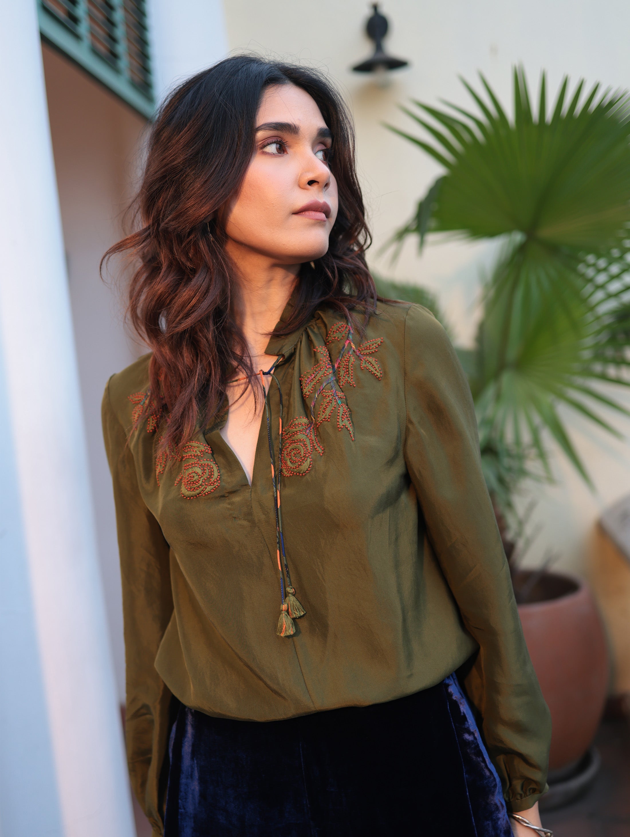 SILVIA BLOUSE WITH GLOW ROSE EMB in Silk-velvet