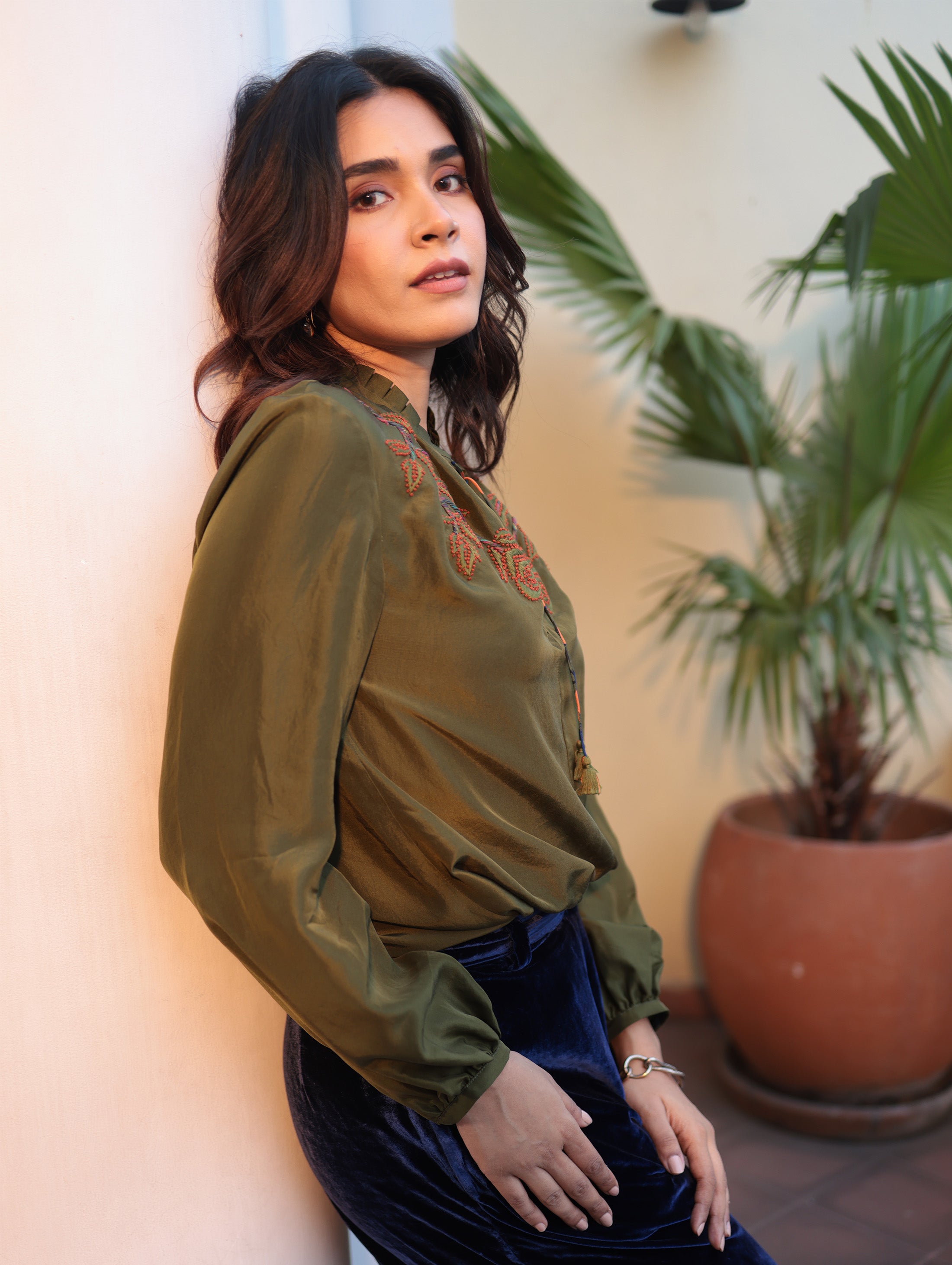 SILVIA BLOUSE WITH GLOW ROSE EMB in Silk-velvet