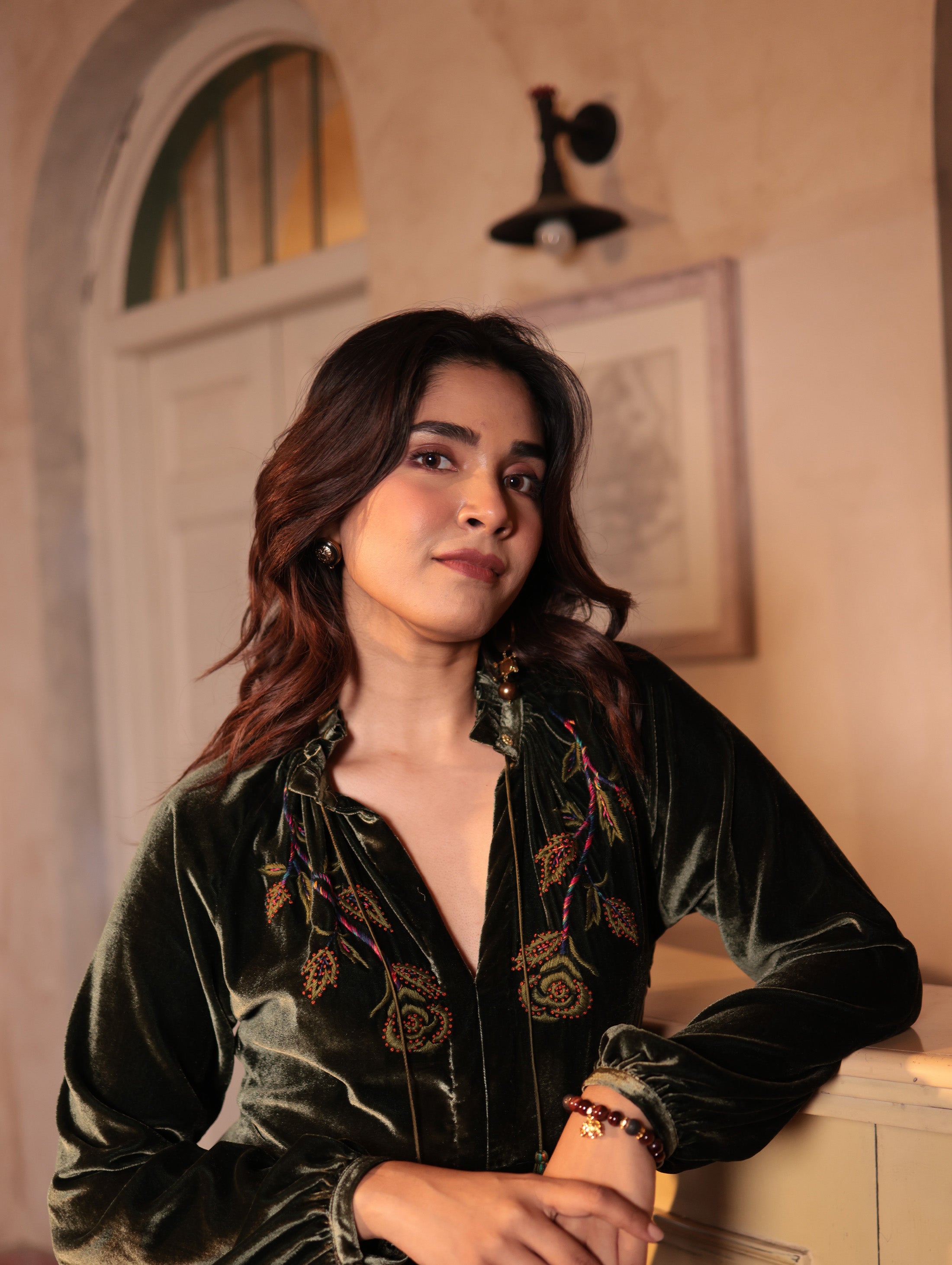 SILVIA BLOUSE WITH GLOW ROSE EMB in Silk-velvet