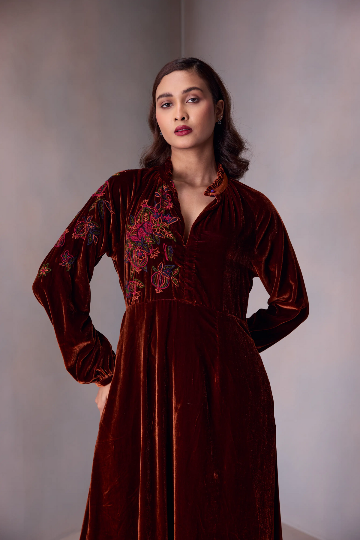 Veena Dress In Silk Velvet Pomegranate Emroidery