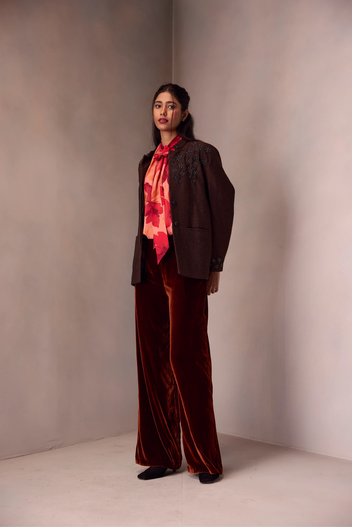 Sameera Jacket In Merino Wool With Flowers Embroidery